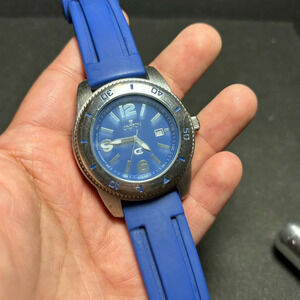 Croton C2X Mens Date Just Quartz Watch Silver Tone Blue Dial Rubber Strap Workin